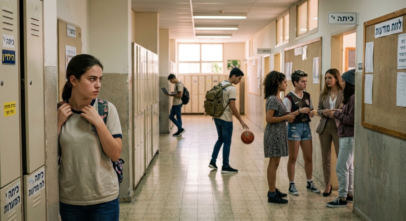 נערה עומדת בצד ומביטה בקבוצת נערות במסדרון בית הספר